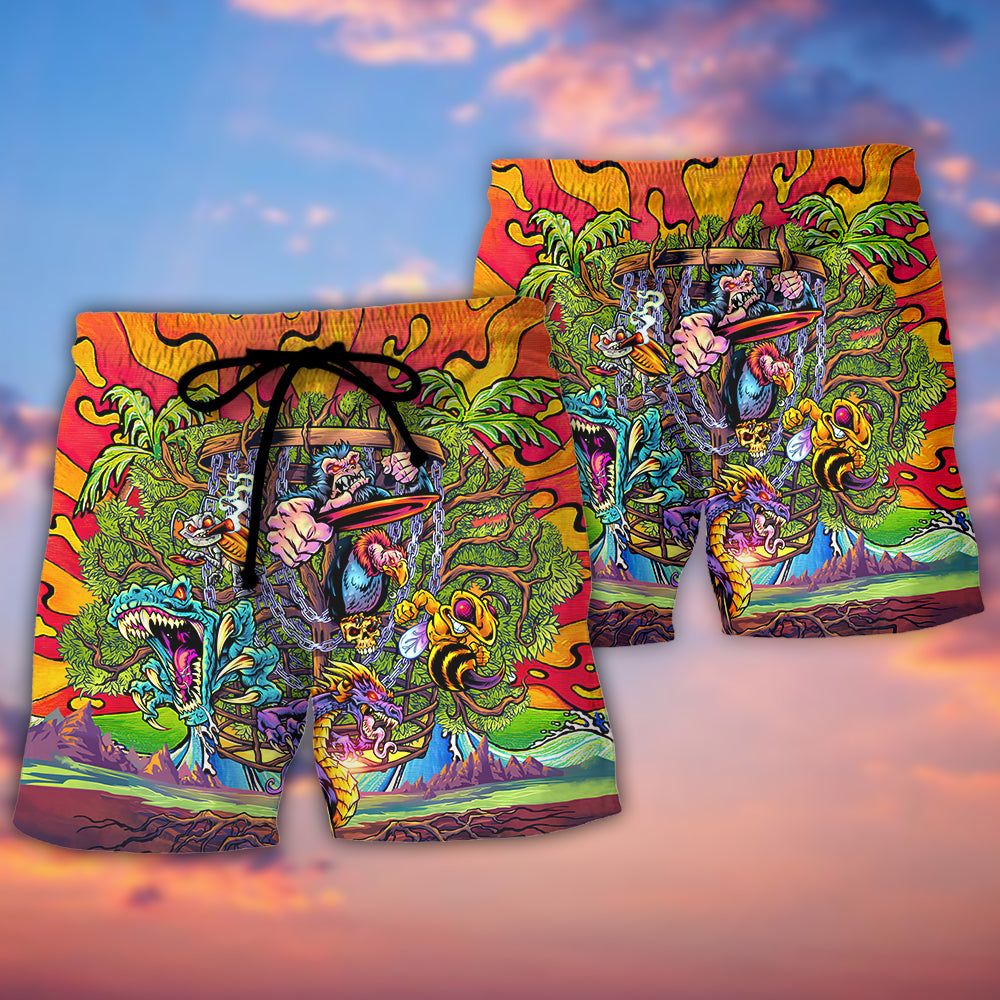 Disc Golf Ball Games Tree Tropical Island Paradise Trendy Aloha Hawaiian Beach Shorts
