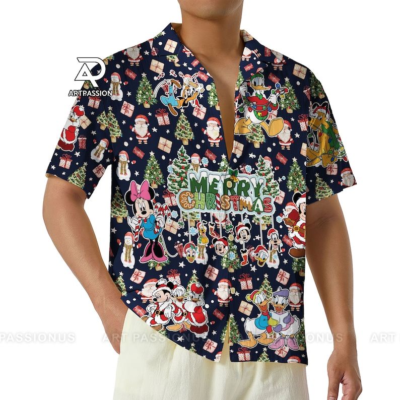 Disney Merry Christmas Hawaiian Shirts Mickey Minnie Button Disneyland Vacation Disney Merry Christmas Hawaiian Shirts Mickey Minnie Button Disneyland Vacation