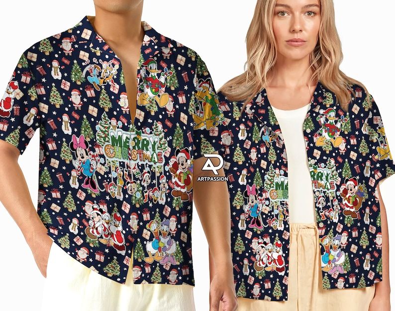 Disney Merry Christmas Hawaiian Shirts Mickey Minnie Button Disneyland Vacation