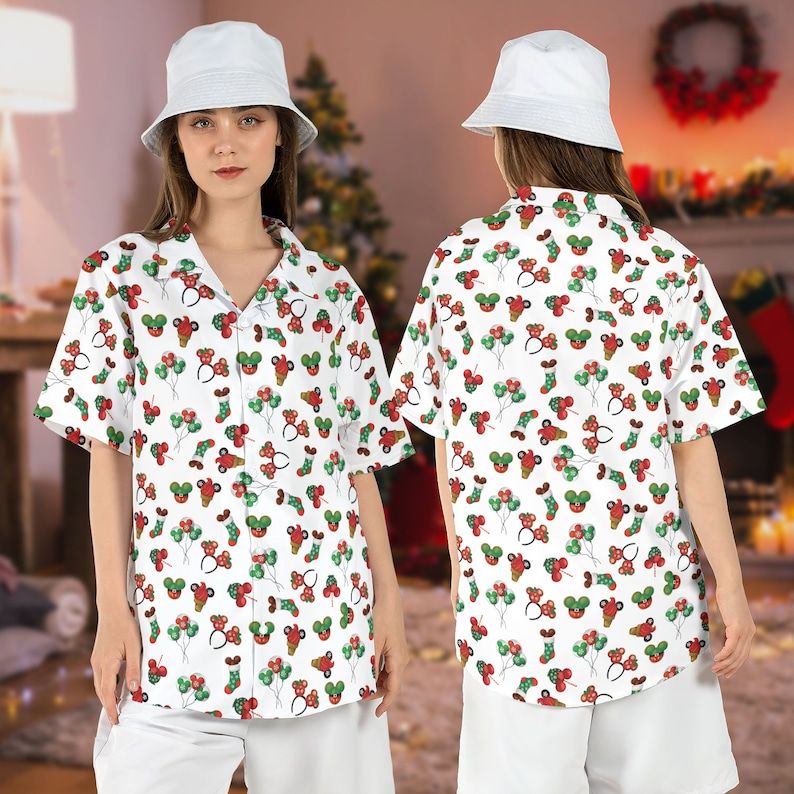 Disneyland Christmas Mickey Balloons Hawaiian Shirts Magic Xmas Theme Park Aloha