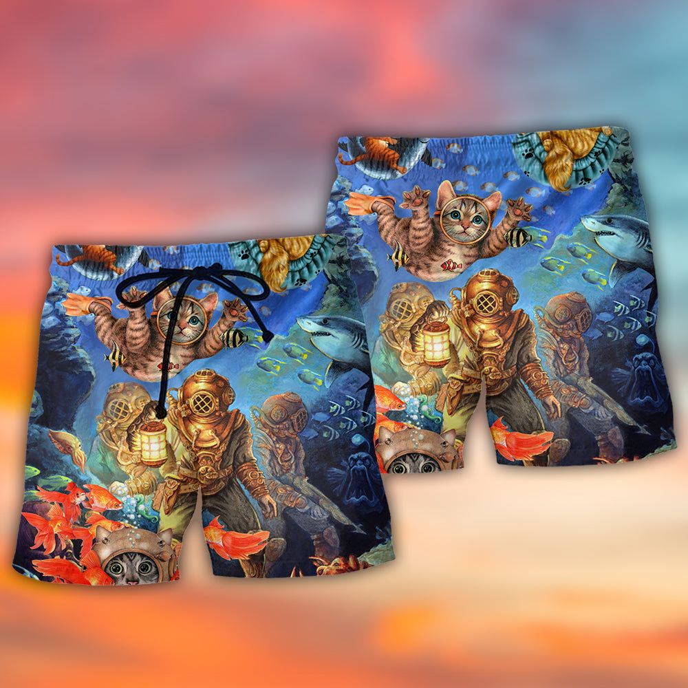 Diving Cat Under The Sea Art Style Trendy Aloha Hawaiian Beach Shorts