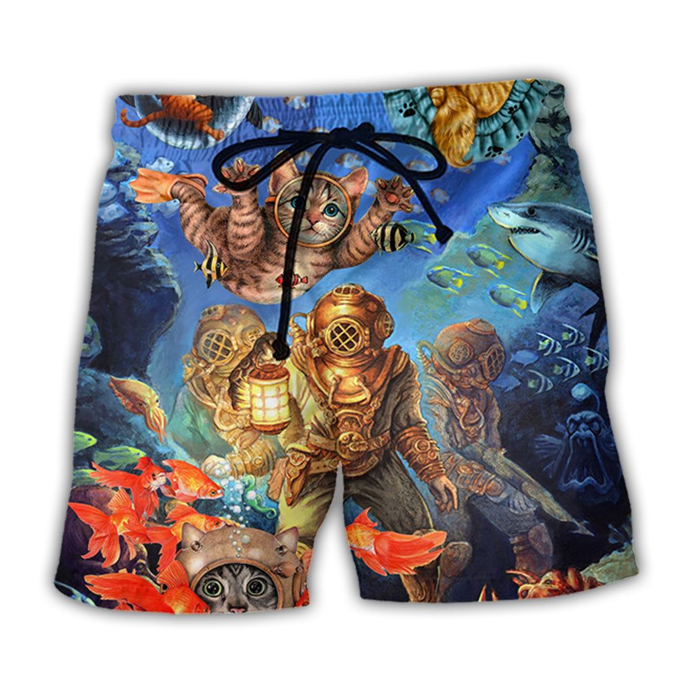 Diving Cat Under The Sea Art Style Trendy Aloha Hawaiian Beach Shorts