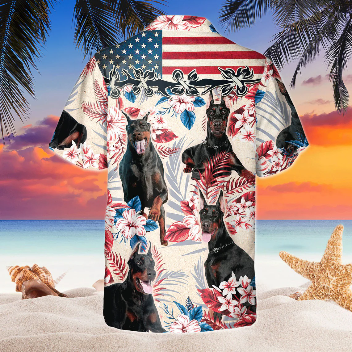 Doberman 3D Hawaiian Shirt Us Flag Floral Pattern Radiant Design