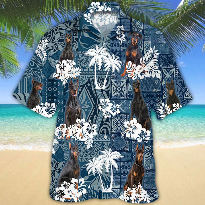 Doberman Hawaiian Tropical Plants Pattern Blue And White All Over Printed 3D Hawaiian Shirt