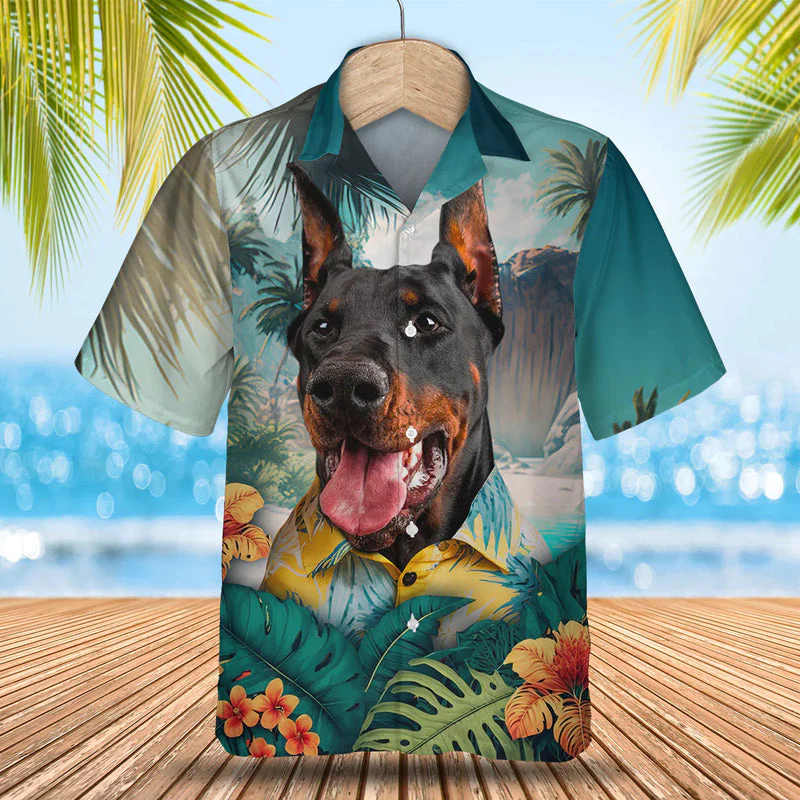 Doberman Pinscher 3D Tropical Trendy Hawaiian Shirt, Dog Lover Trendy Hawaiian Shirt, Summer Gift For Men And Women