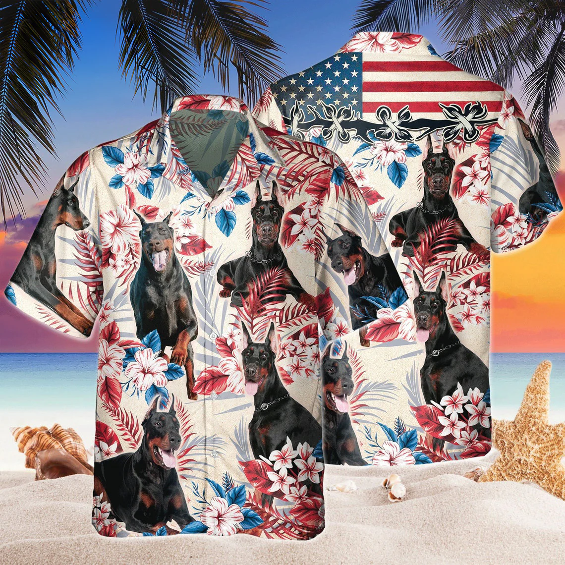 Doberman Pinscher Us Flag Floral 3D Hawaiian Shirt Striking Pattern Doberman Pinscher Us Flag Floral 3D Hawaiian Shirt Striking Pattern