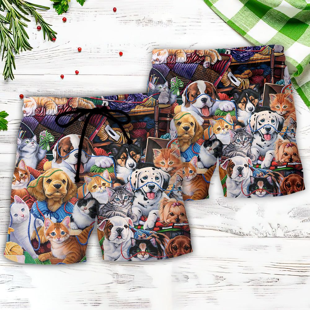 Dog And Cat Play Yarn Together Trendy Aloha Hawaiian Beach Shorts