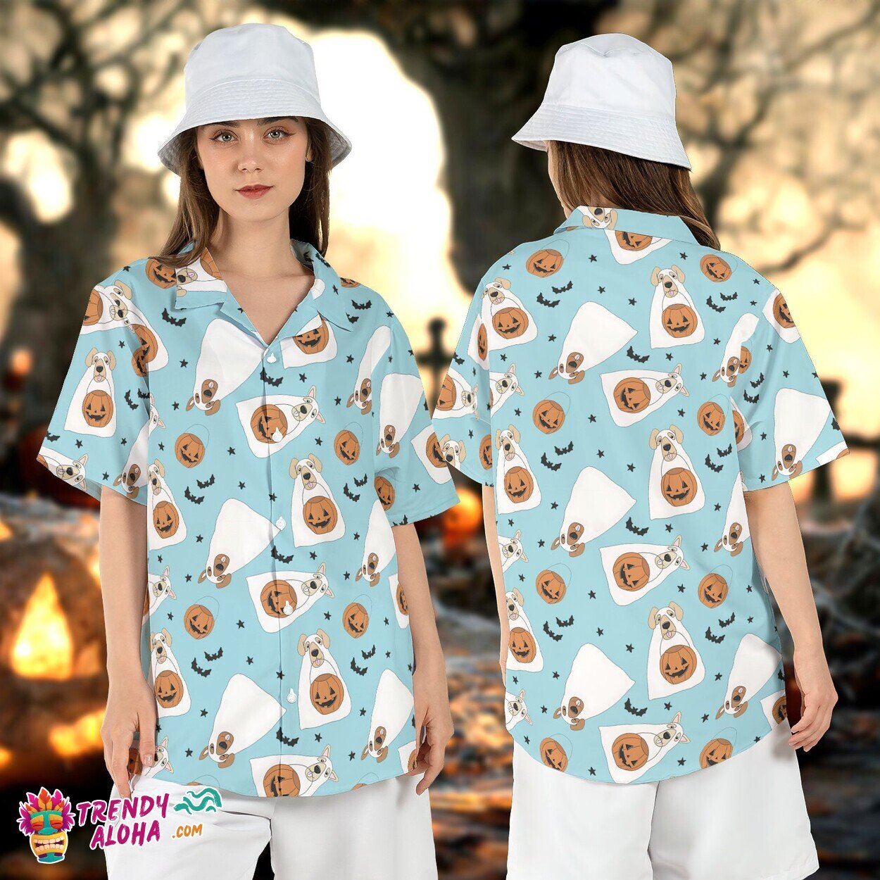 Dog Boo Ghost Spooky Halloween Trick Treat Pumpkin Aloha Top