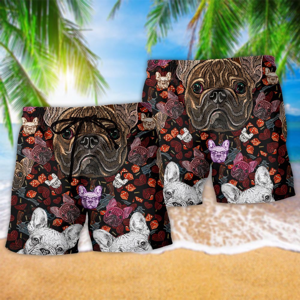 Dog Bulldog Embroidery So Cute Trendy Aloha Hawaiian Beach Shorts
