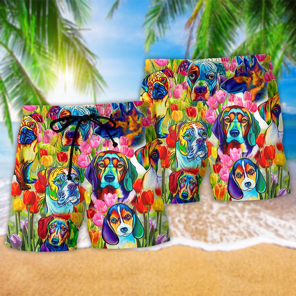 Dog Colorfull Floral Beautiful Trendy Aloha Hawaiian Beach Shorts