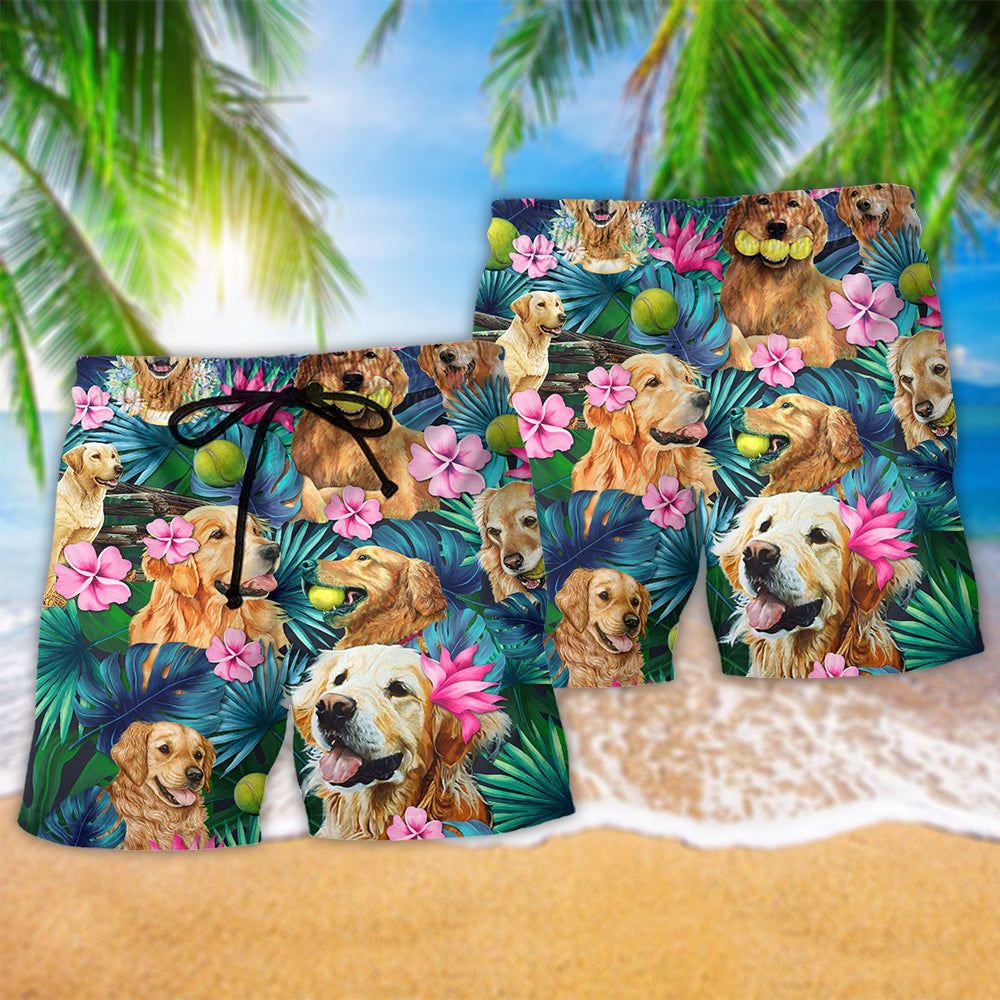 Dog Lovely Hug A Golden With Flower Trendy Aloha Hawaiian Beach Shorts