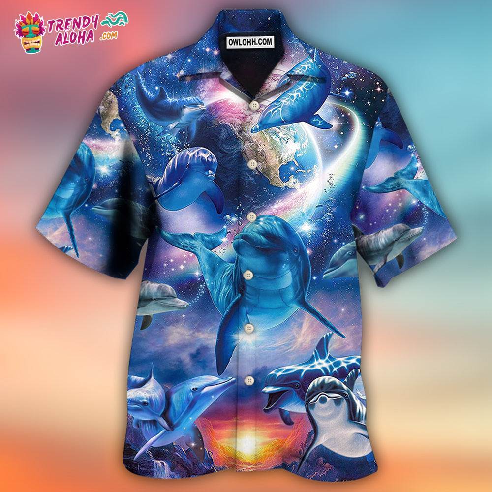 Dolphin Galaxy Blue Glow Style Hawaiian Shirt – Trendy Aloha
