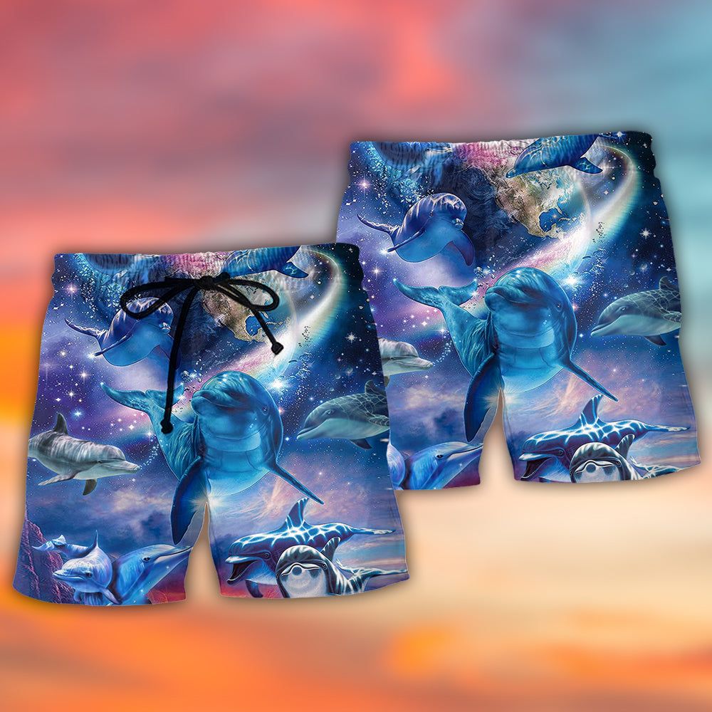 Dolphin Galaxy Blue Glow Style Trendy Aloha Hawaiian Beach Shorts