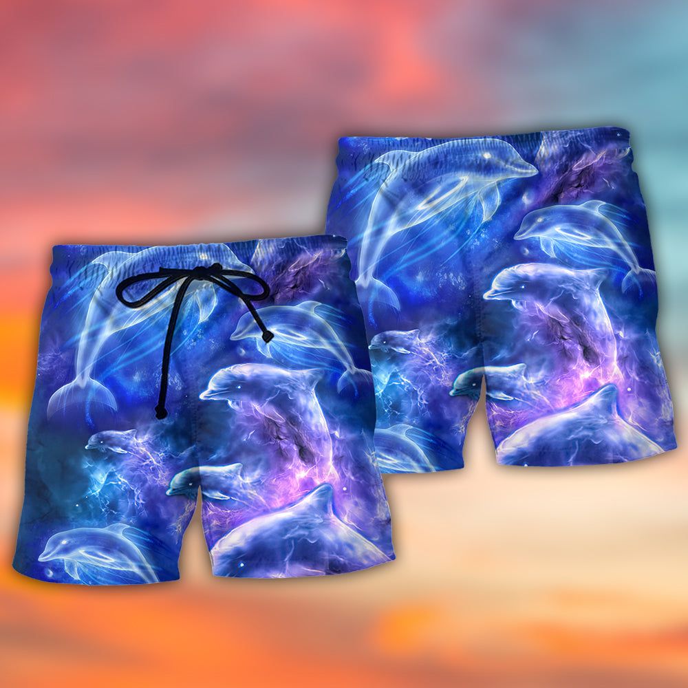 Dolphin Galaxy Neon Glow Style Trendy Aloha Hawaiian Beach Shorts
