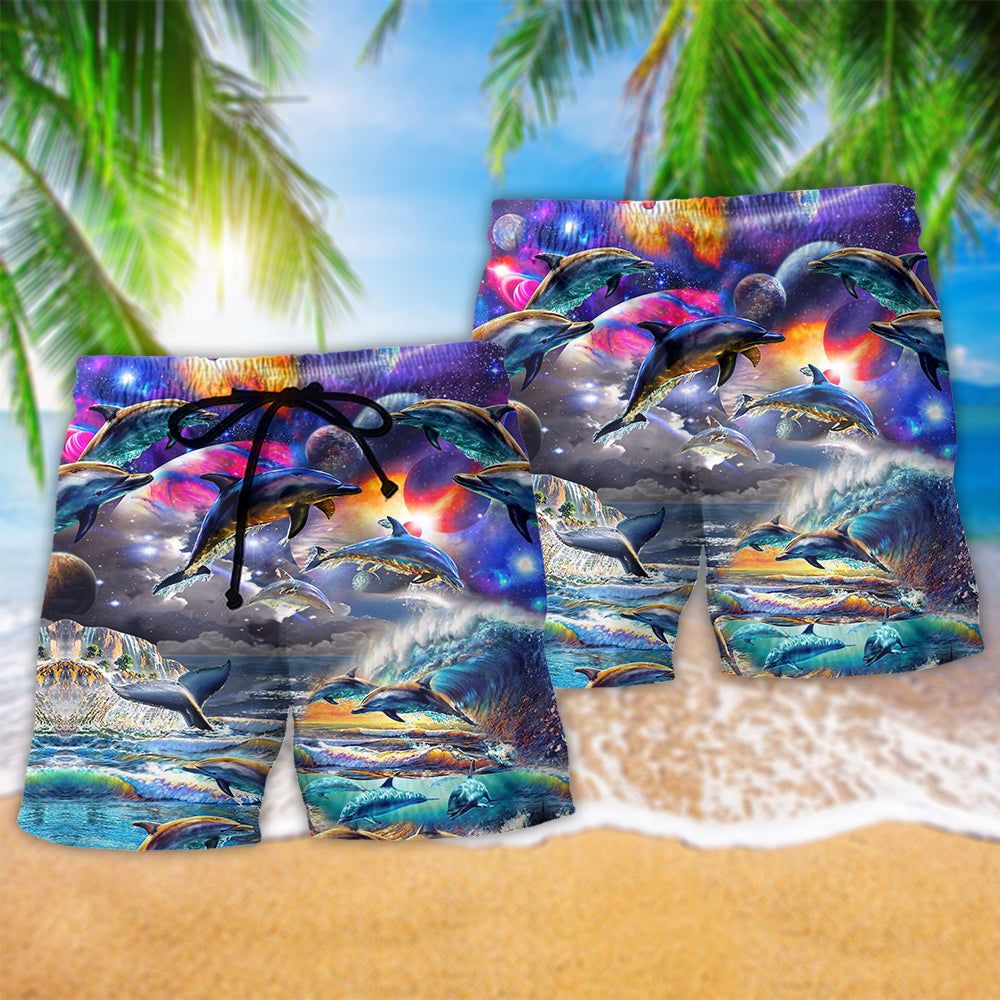 Dolphin Into The Galaxy Trendy Aloha Hawaiian Beach Shorts