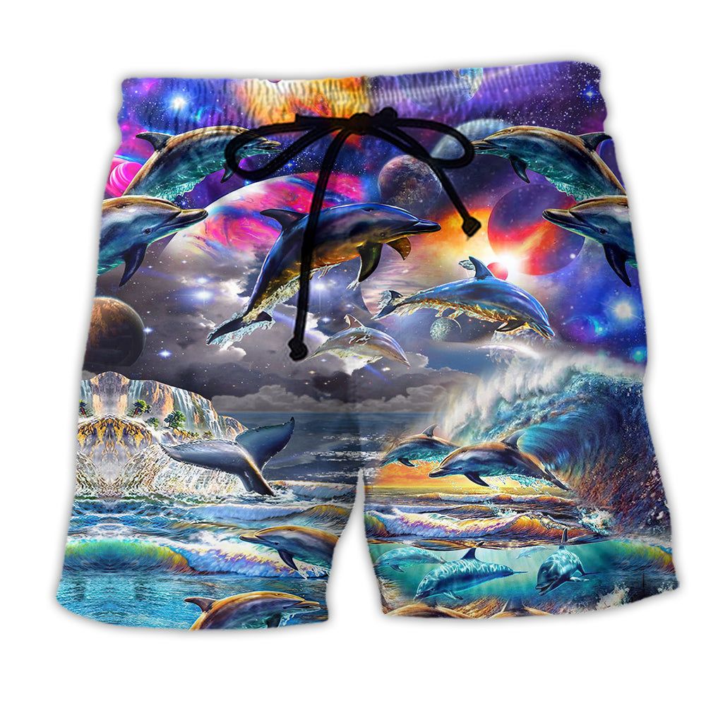 Dolphin Into The Galaxy Trendy Aloha Hawaiian Beach Shorts