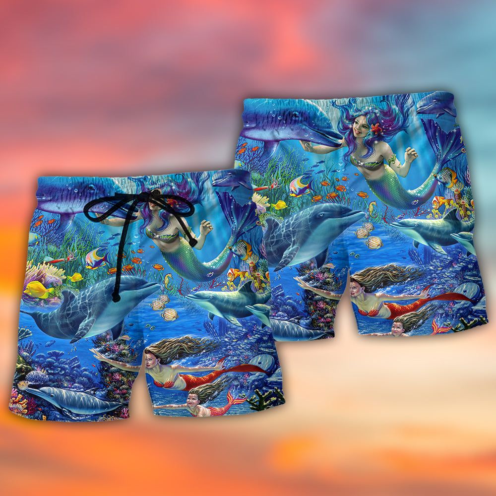 Dolphin Mermaid Lover Blue Sea Style Trendy Aloha Hawaiian Beach Shorts