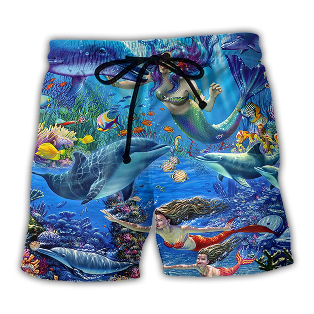 Dolphin Mermaid Lover Blue Sea Style Trendy Aloha Hawaiian Beach Shorts