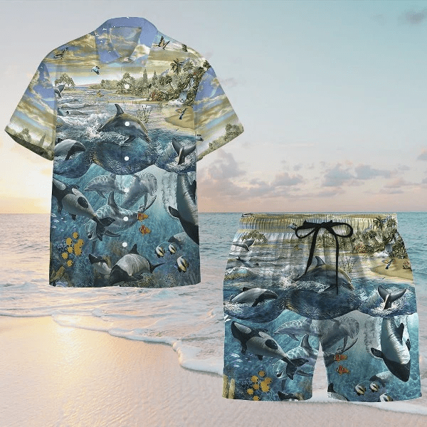 Dolphin Paradise Trendy Hawaiian Shirt Set Unisex