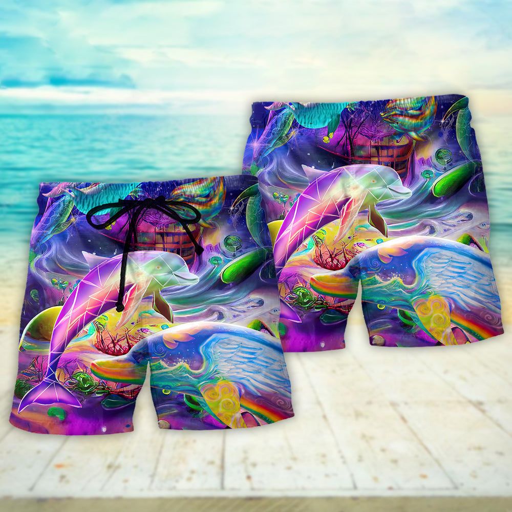 Dolphin Rainbow Jumping Into New World Trendy Aloha Hawaiian Beach Shorts