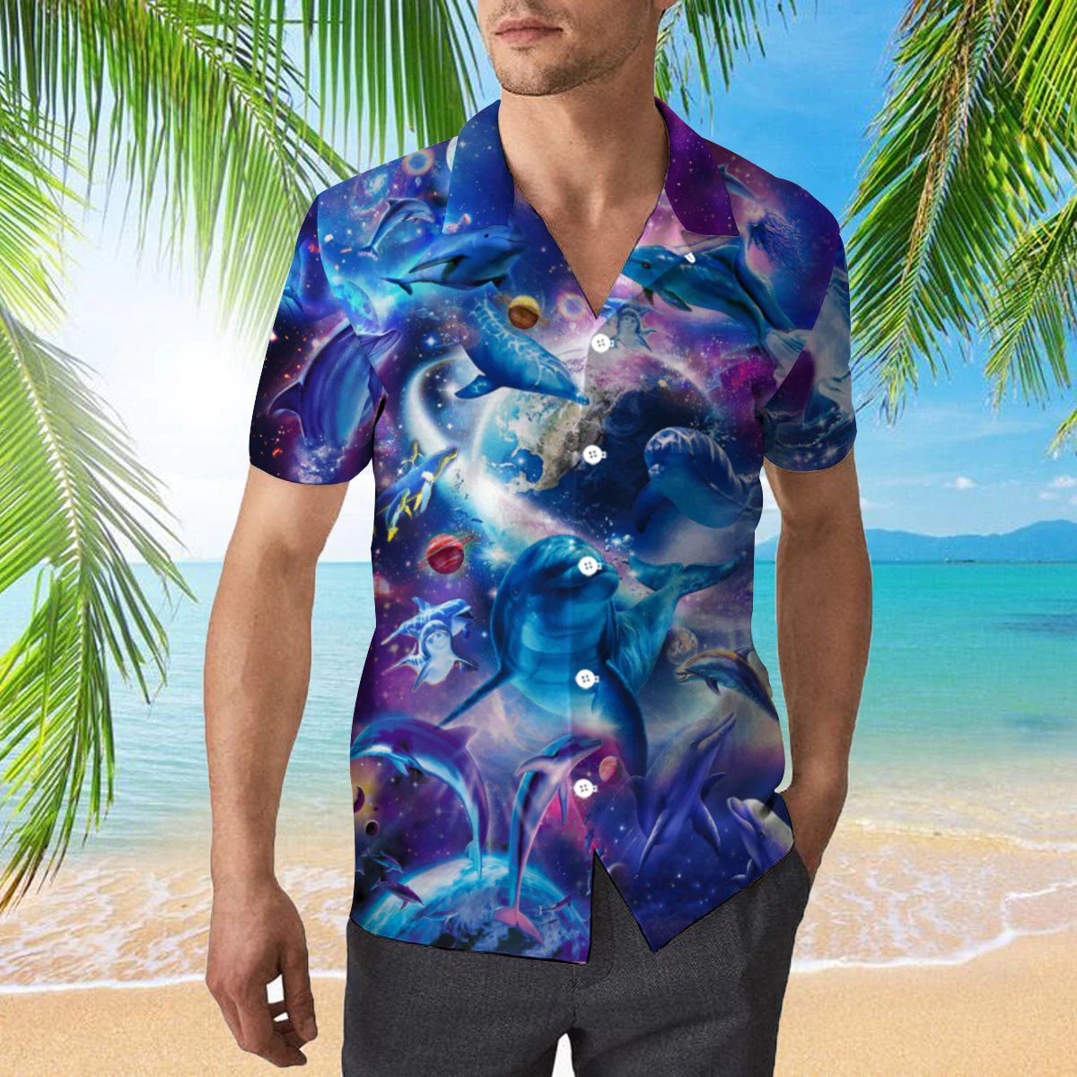 Dolphins Jump Into The Galaxy Trendy Hawaiian Shirt  Aloha Shirt