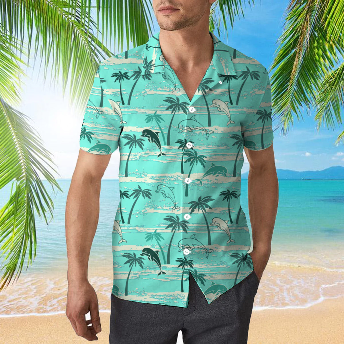 Dolphins Palm Trees Summer Trendy Hawaiian Shirt  Aloha Shirt