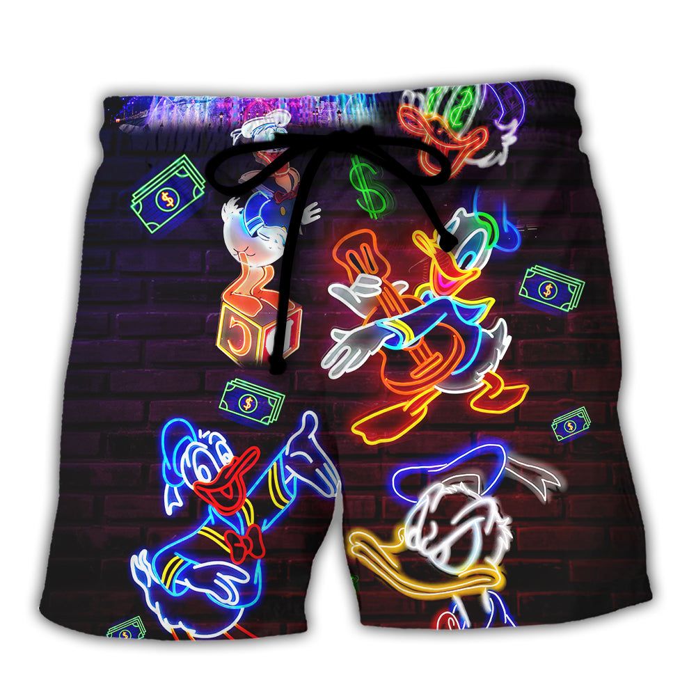 Donald Duck Happy Money Neon Sign Trendy Aloha Hawaiian Beach Shorts Donald Duck Happy Money Neon Sign Trendy Aloha Hawaiian Beach Shorts
