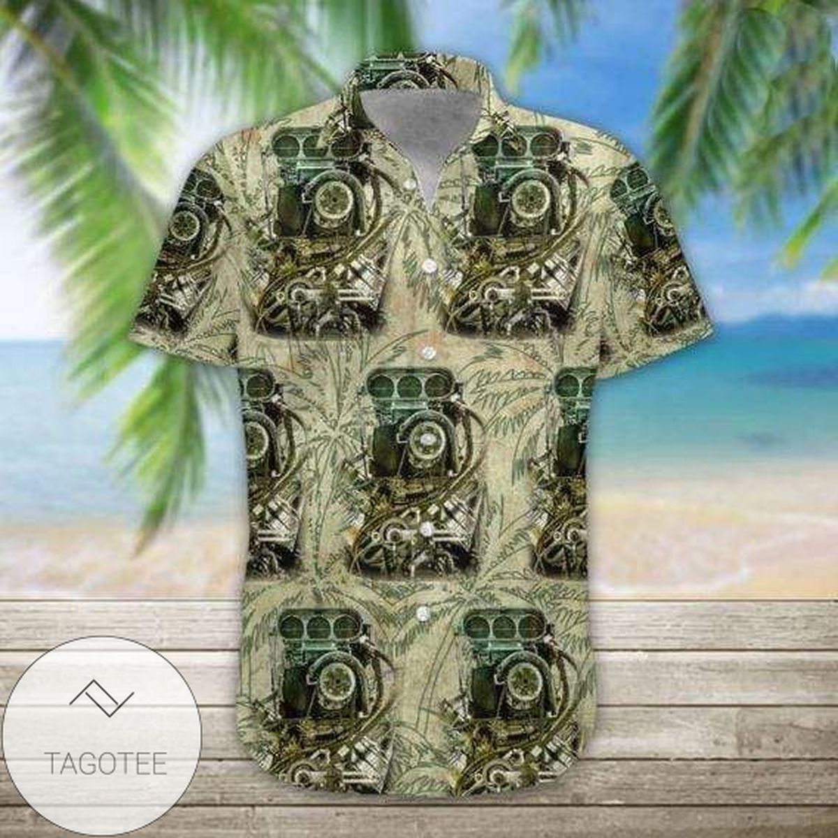 Drag Racing Thrill Represented On Green Hawaiian Shirt Design