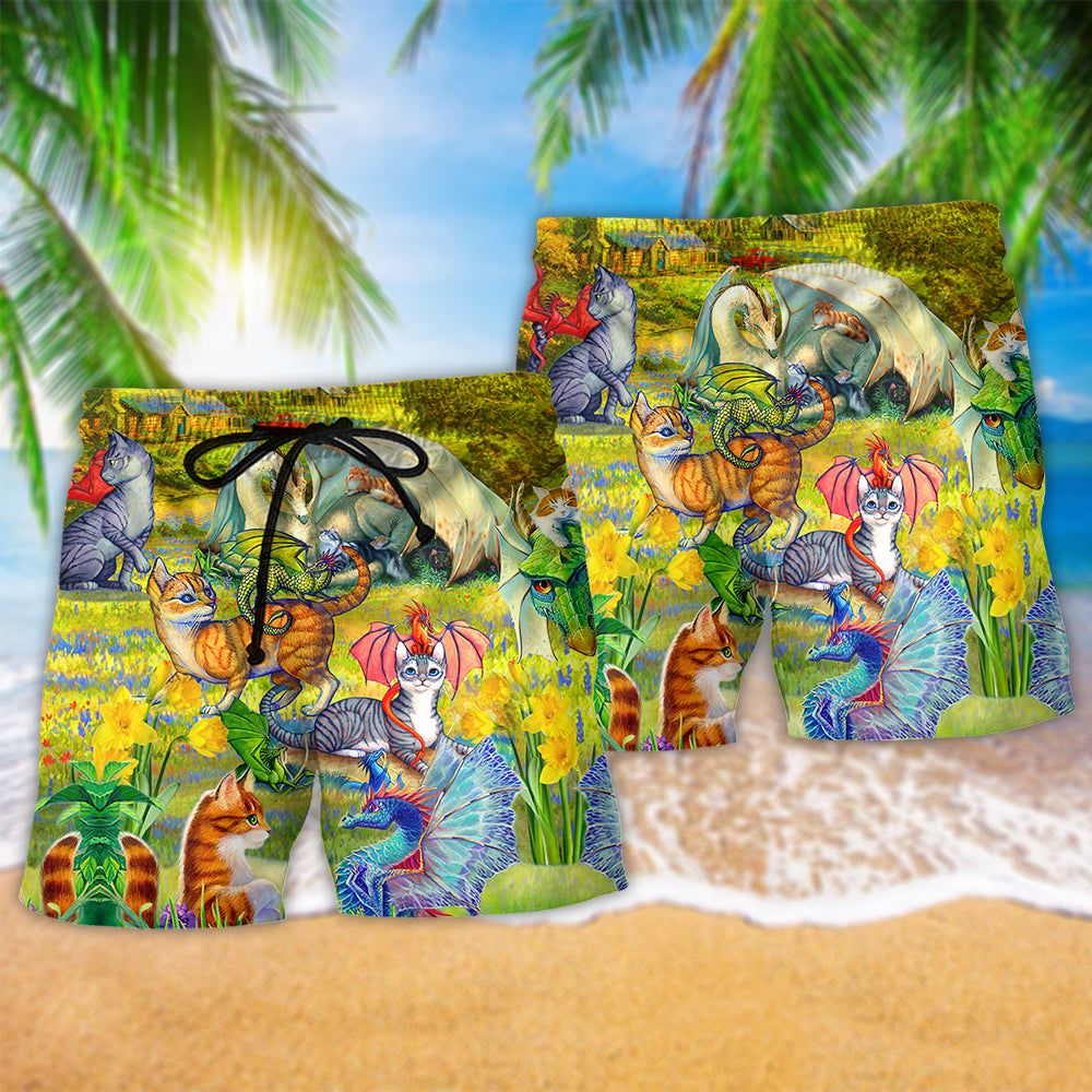 Dragon And Cats Love Life Floral Trendy Aloha Hawaiian Beach Shorts