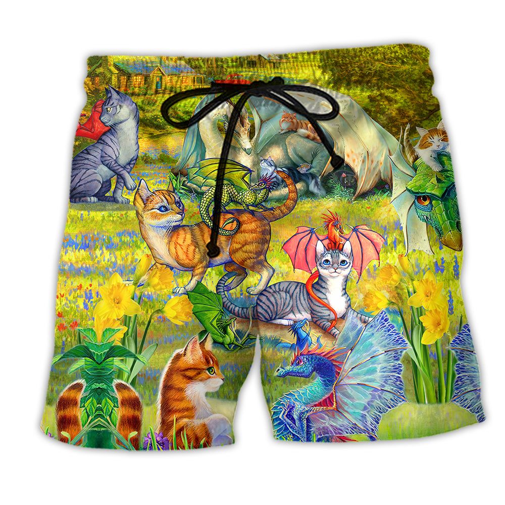 Dragon And Cats Love Life Floral Trendy Aloha Hawaiian Beach Shorts