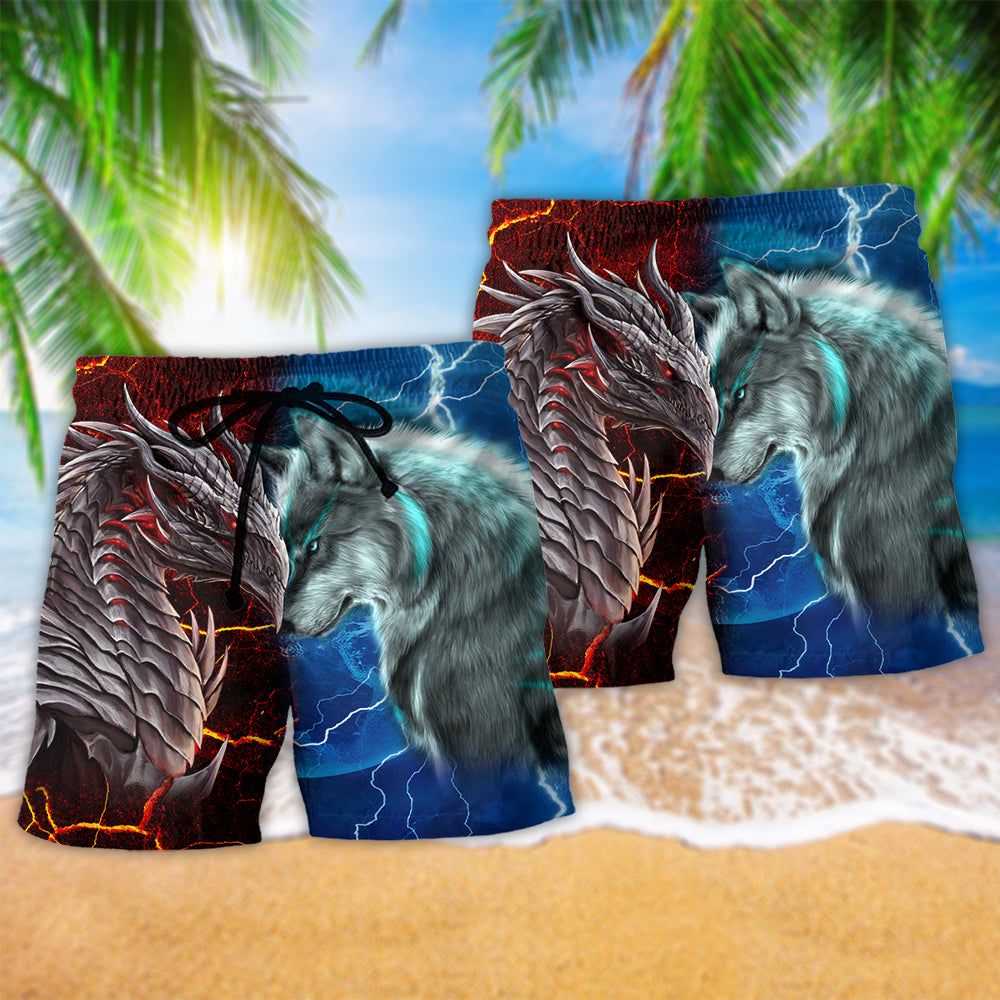 Dragon And Wolf Love Life With Hot And Cool Colors Trendy Aloha Hawaiian Beach Shorts