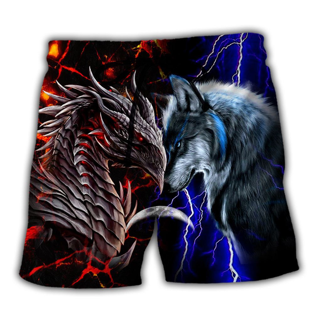 Dragon And Wolf Red And Blue Trendy Aloha Hawaiian Beach Shorts