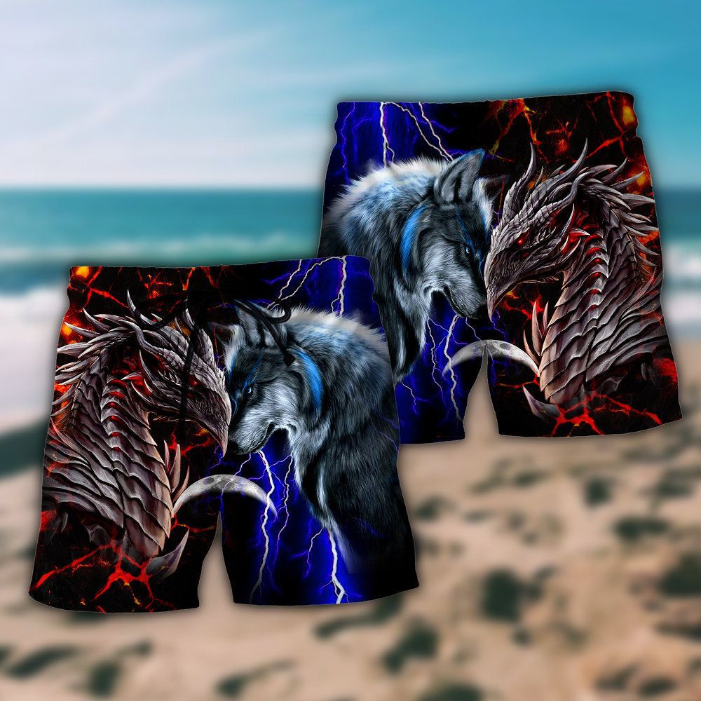 Dragon And Wolf Red And Blue Trendy Aloha Hawaiian Beach Shorts