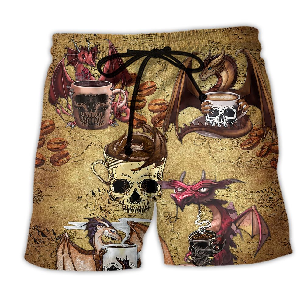 Dragon Love Coffee And Skull  Trendy Aloha Hawaiian Beach Shorts