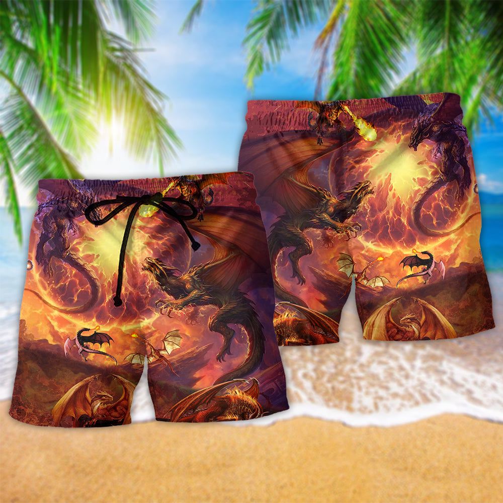 Dragon Love Life Red Style Trendy Aloha Hawaiian Beach Shorts