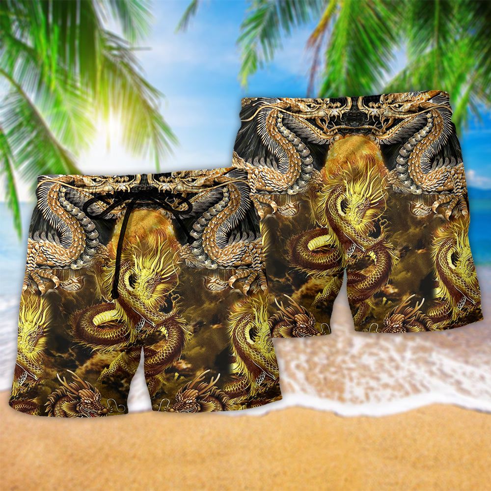 Dragon Love Life Style Gold Pattern Trendy Aloha Hawaiian Beach Shorts