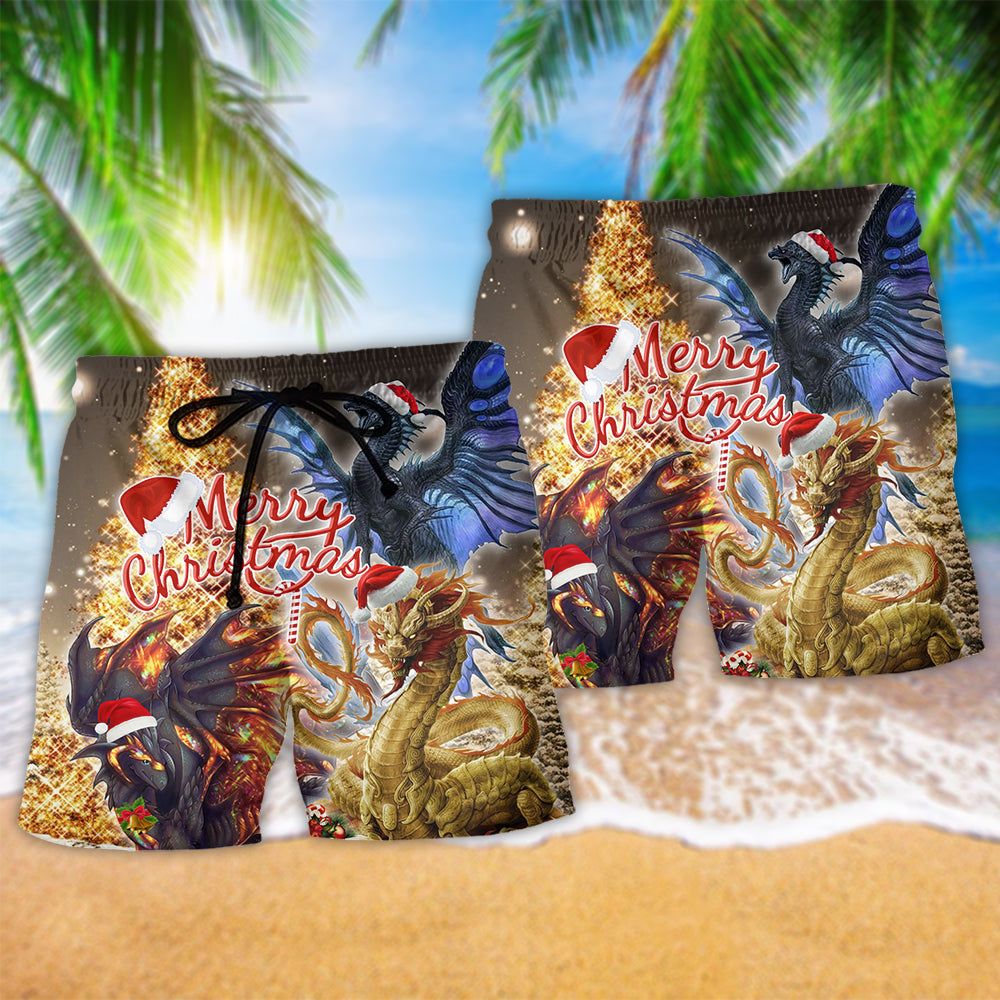 Dragon Merry Christmas Gold And Black Trendy Aloha Hawaiian Beach Shorts