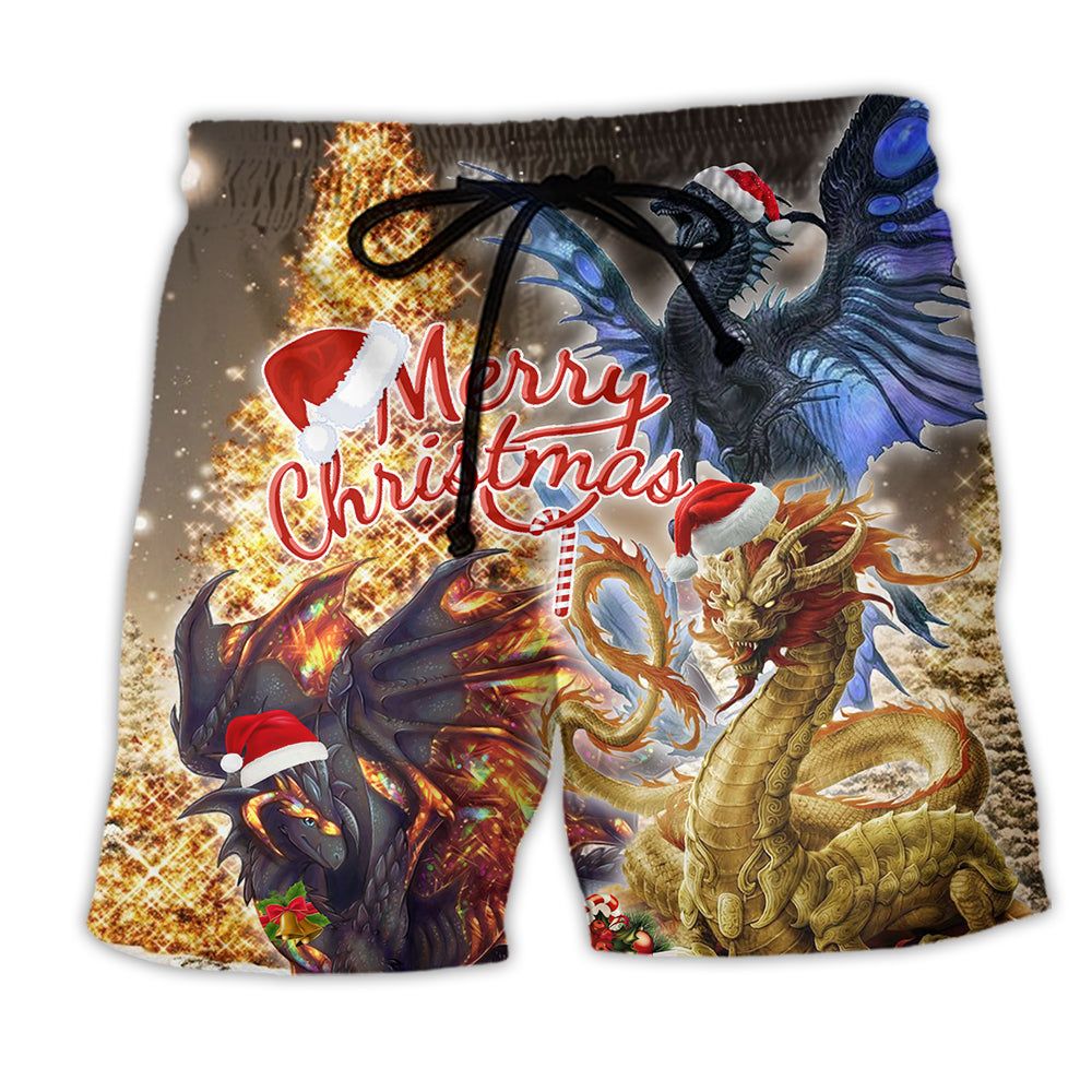 Dragon Merry Christmas Gold And Black Trendy Aloha Hawaiian Beach Shorts
