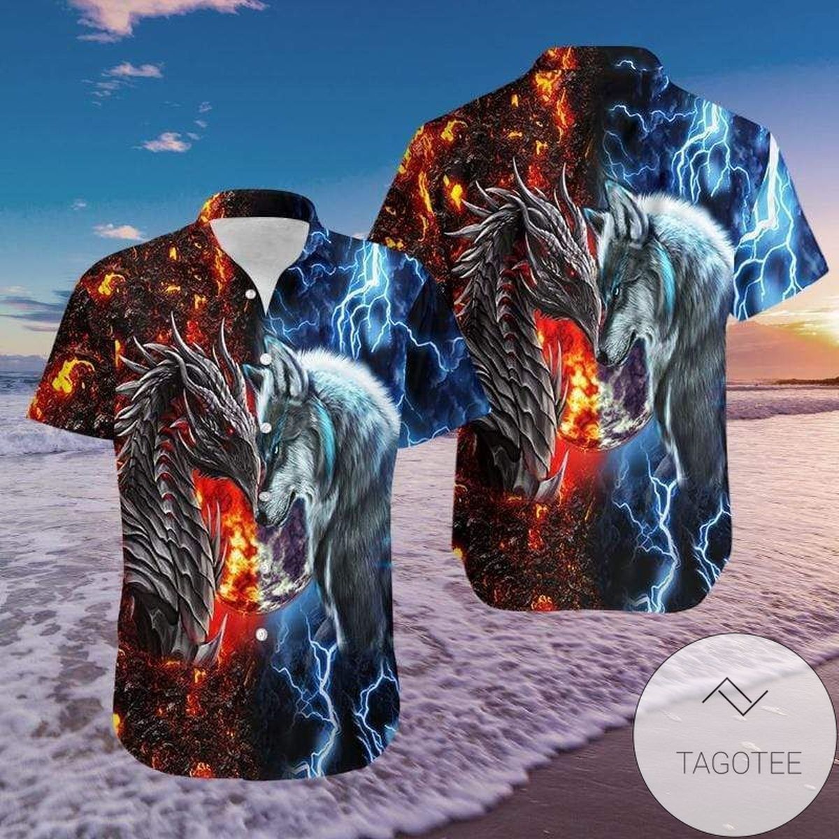 Dragon Wolf Enchanting Night Scene on Hawaiian Shirt