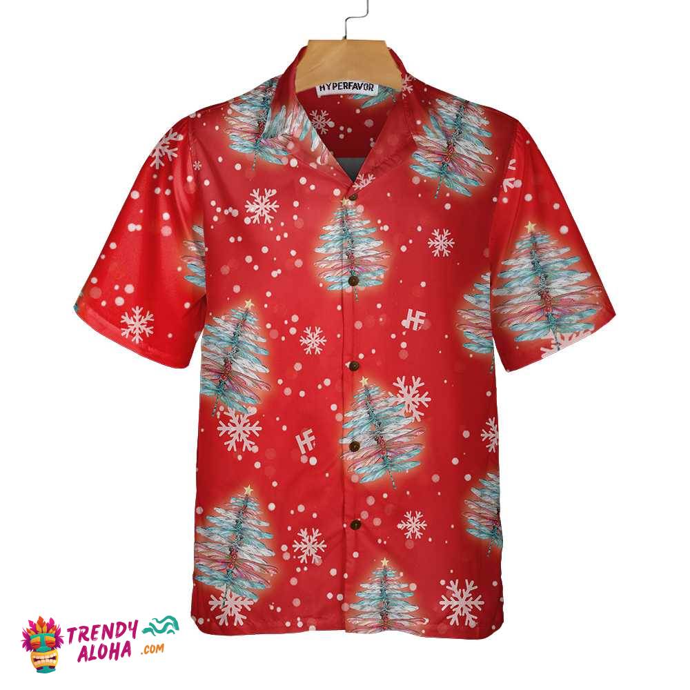 Dragonfly Shaped Christmas Tree Shirt, Christmas Hawaiian Shirt