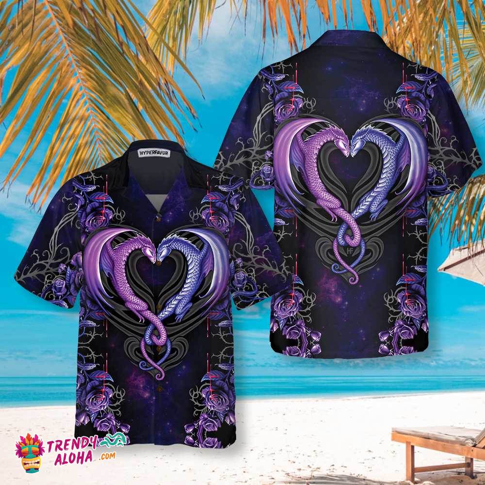 Dragons & The Love Flower Hawaiian Shirt, Unique Shirt With Dragon Couple And Roses