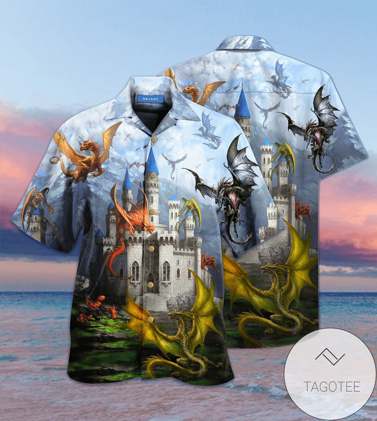 Dragons Soaring Around A Castle Theme Enriches This Hawaiian Shirt