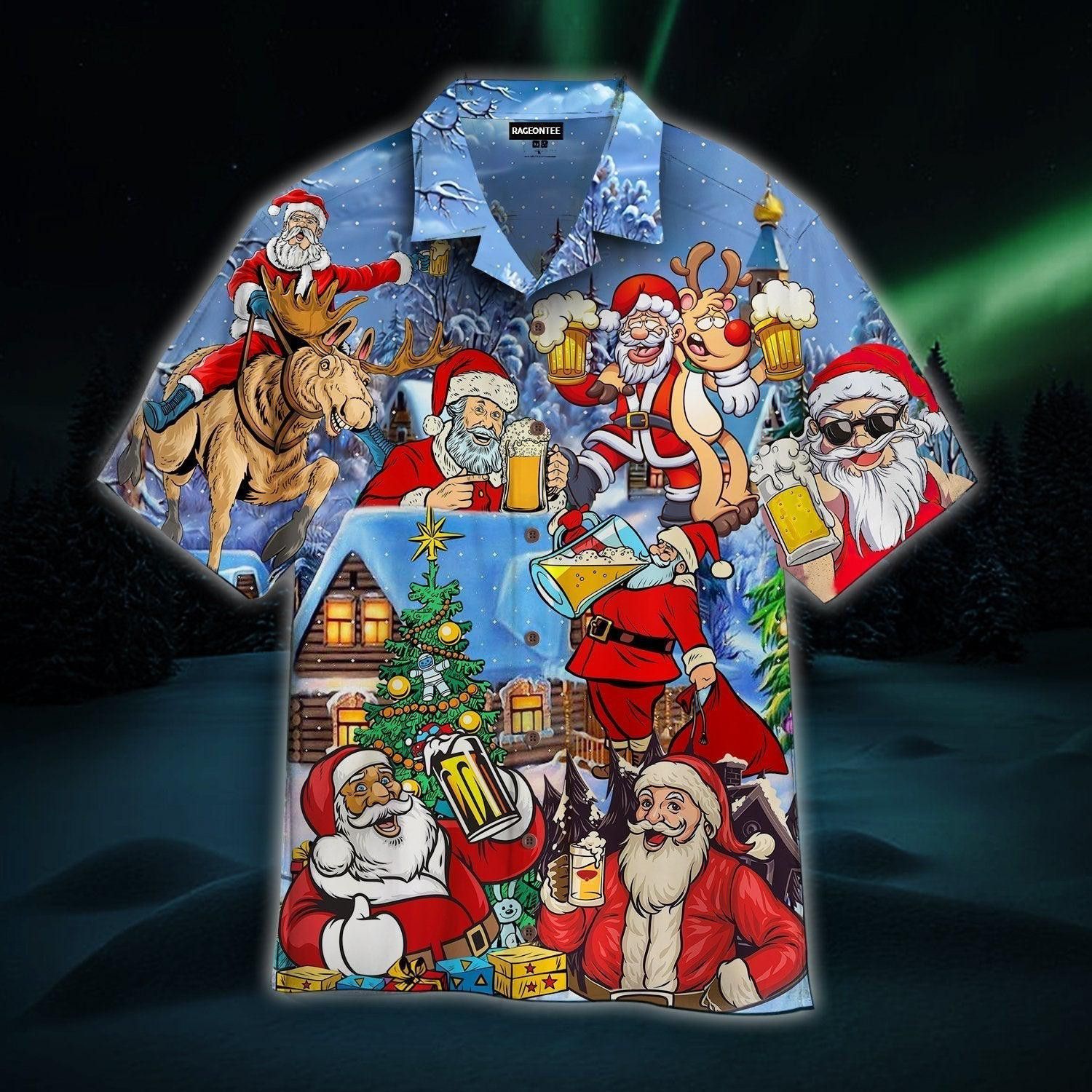 Drinking Beer With Santa Claus Trendy Hawaiian Shirt For