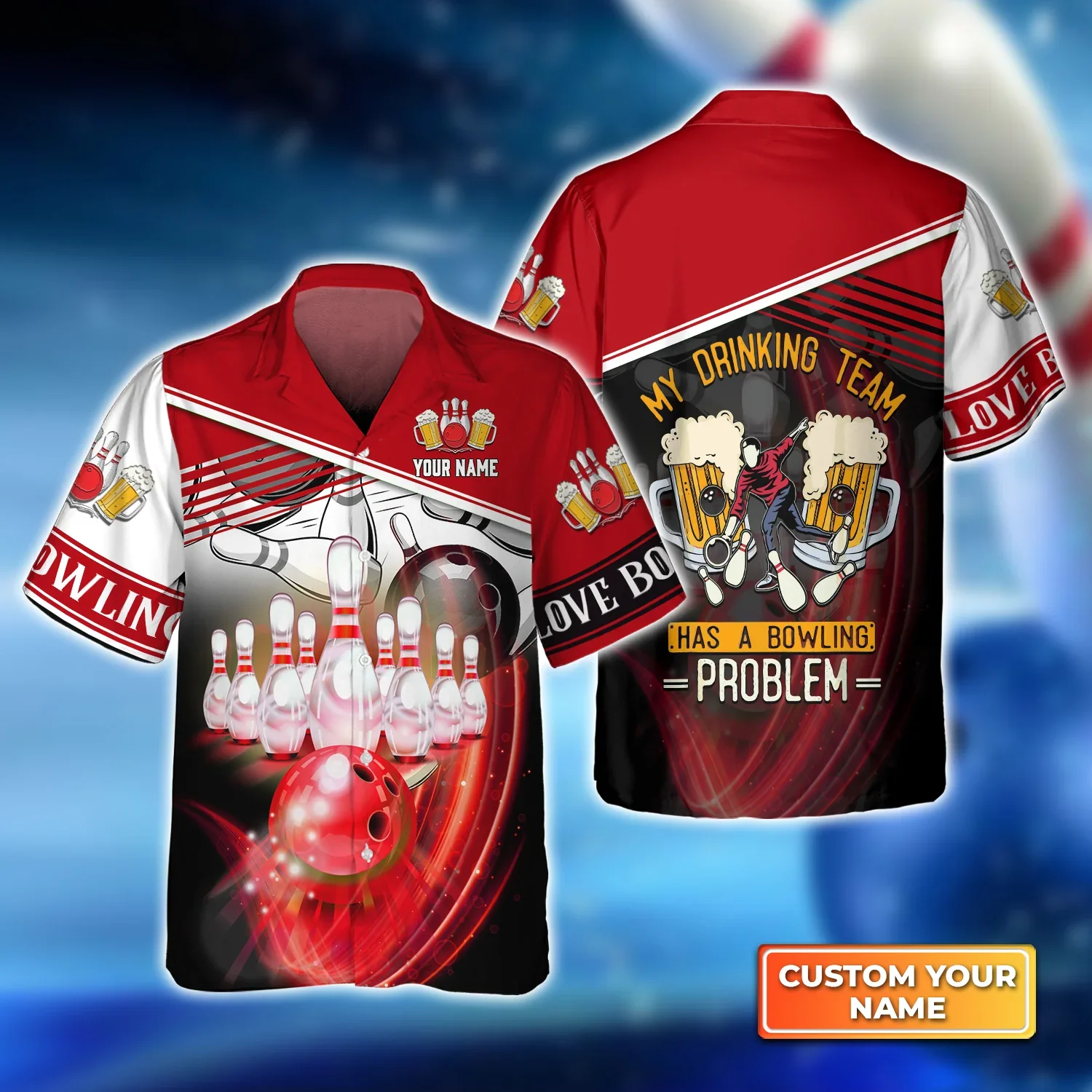 Drinking Team Red Bowling Ball Crashing Into Pins Trendy Hawaiian Shirt, Bowling Trendy Hawaiian Shirt For Men, Women, Bowling Team Shirt