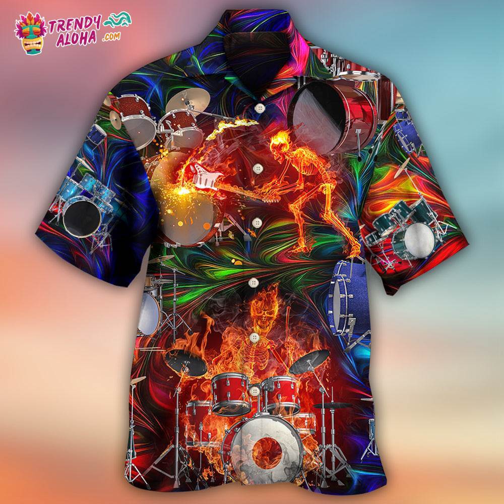 Drum Is My Life Fire Skull Colorful Style Hawaiian Shirt – Trendy Aloha