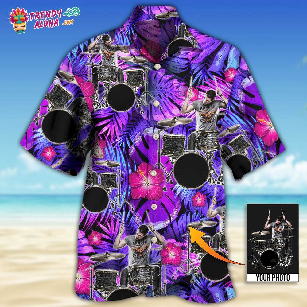 Drum Purple Tropical Style Custom Photo Hawaiian Shirt – Trendy Aloha