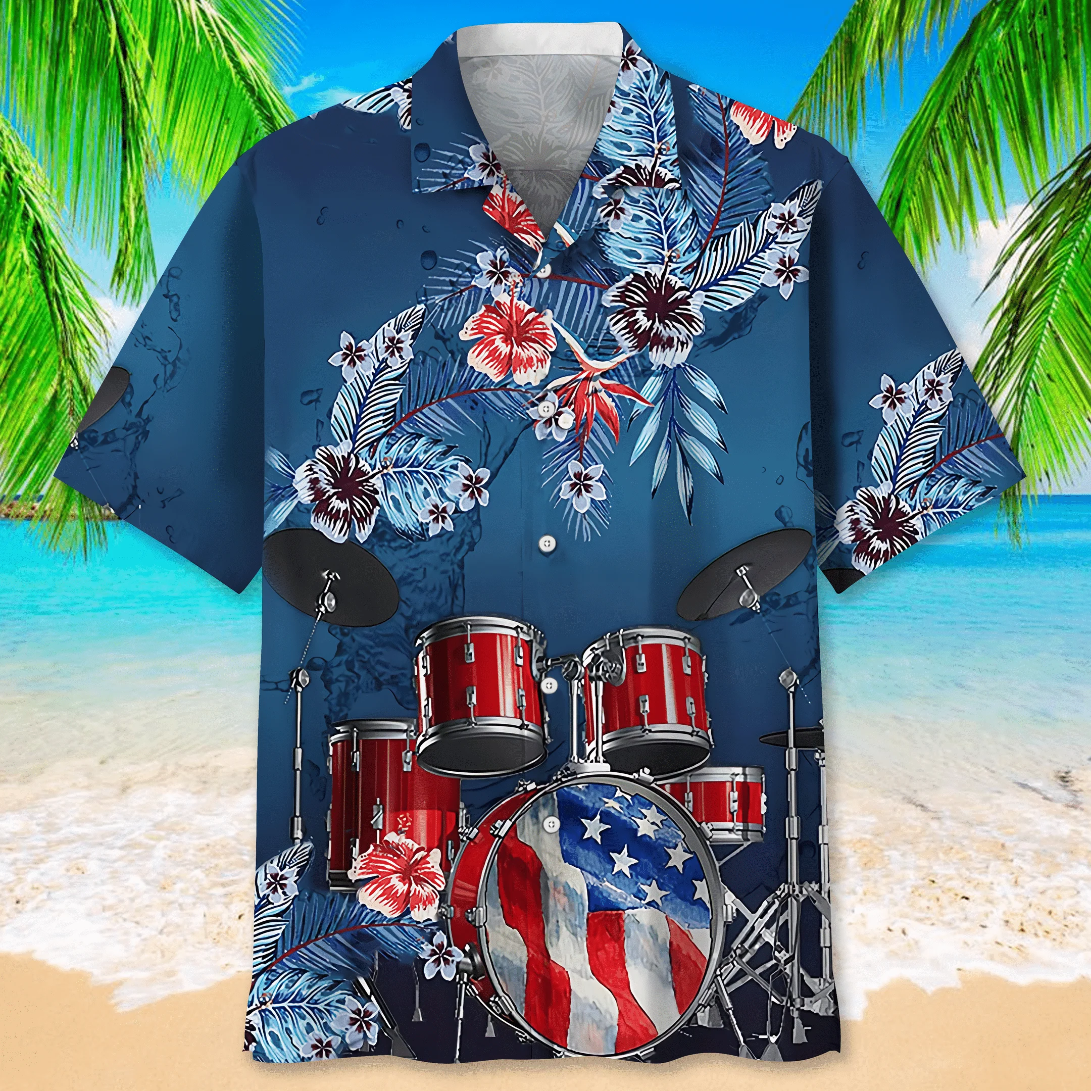 Drum Usa Trendy Hawaiian Shirt, Drum Nature Flower Trendy Hawaiian Shirt For Men