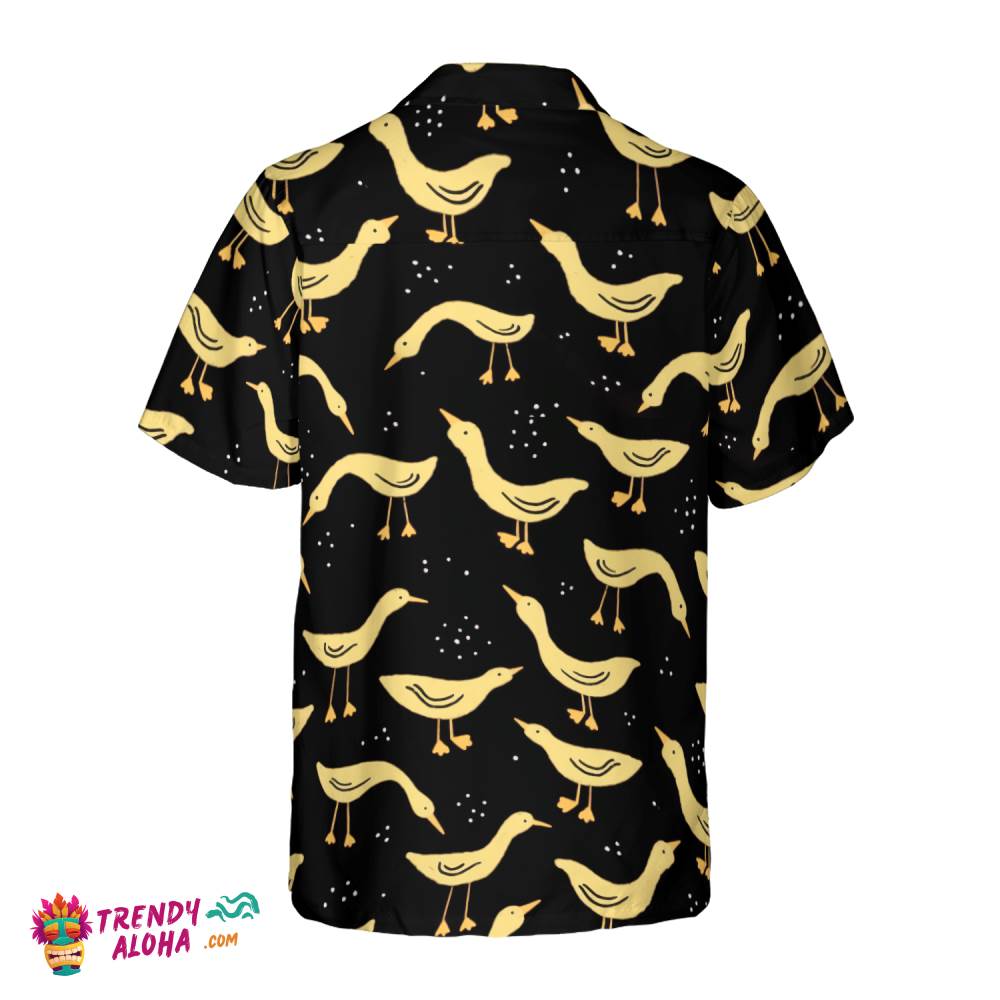 Ducks In Darkness Hawaiian Shirt For Men, Black And Yellow Banana Duck Pattern Hawaiian Shirt