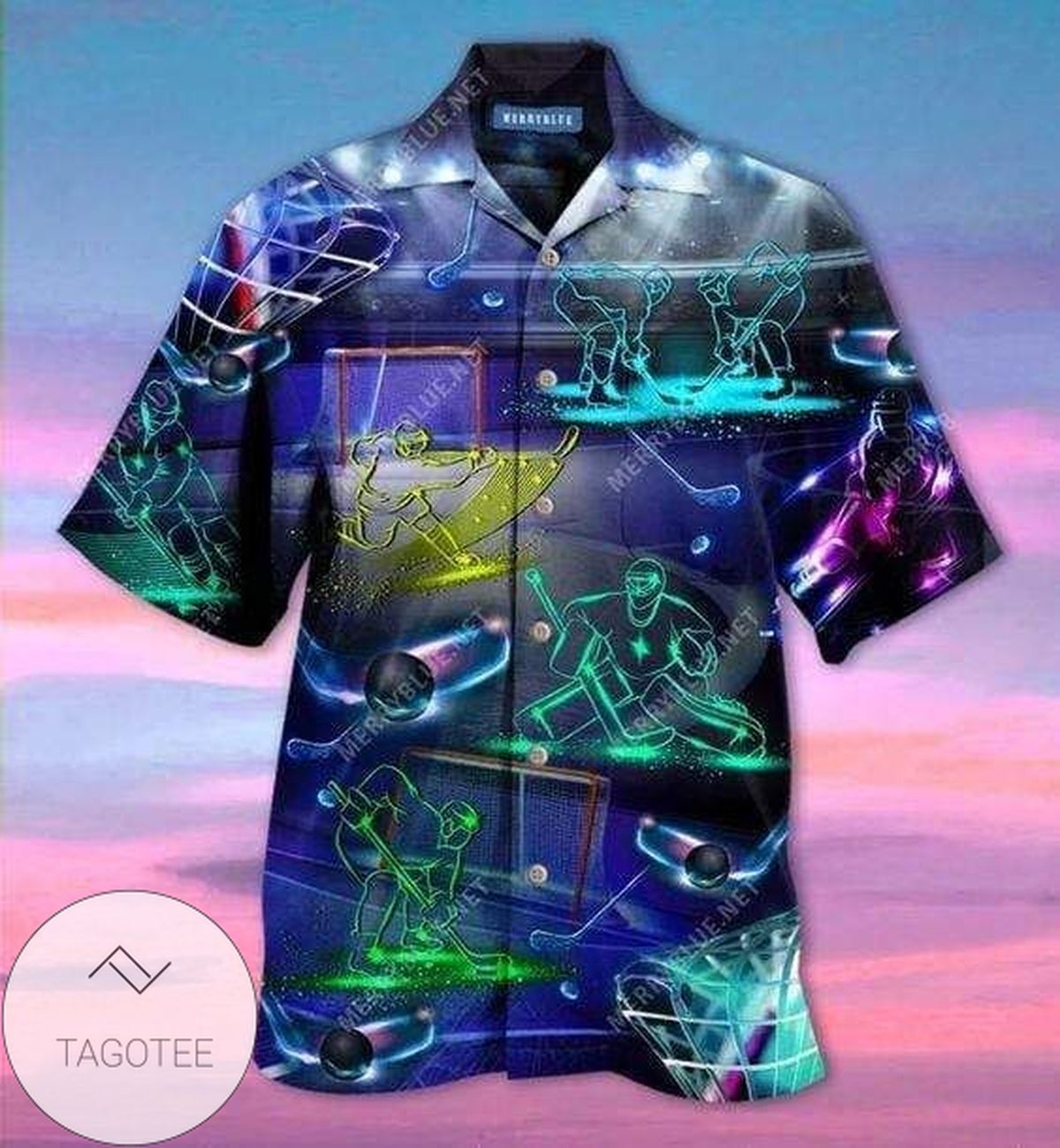 Dynamic Ice Hockey Neon Art Illuminates Hawaiian Shirt