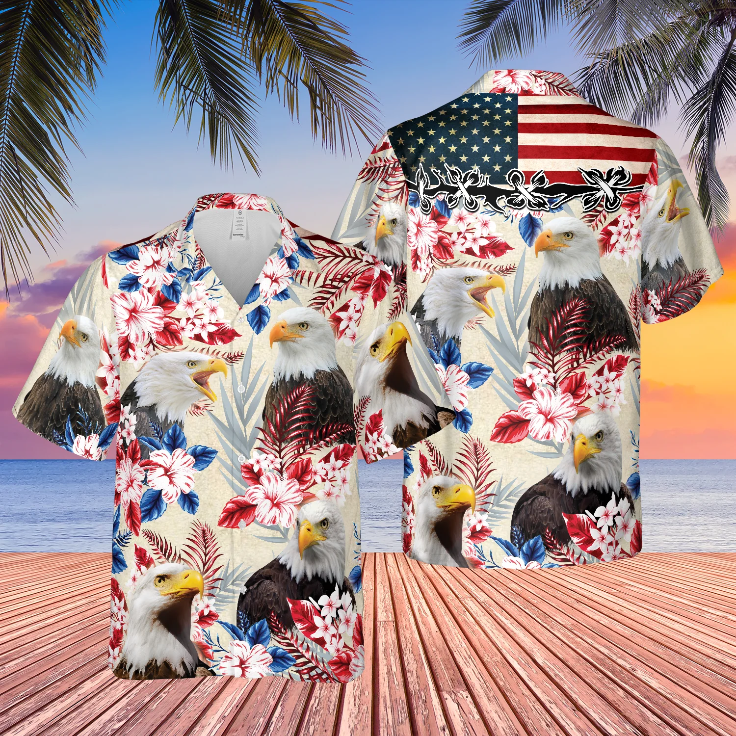 Eagle Lover American Flag Hawaiian Flowers All Over Printed 3D Hawaiian Shirt